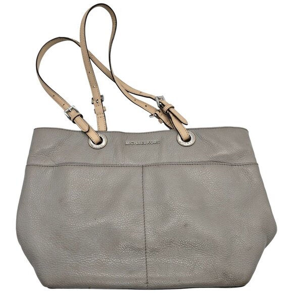 Michael Kors Pebbled Leather Shoulder Tote Bag Gray Taupe Silver Hardware Purse - Picture 1 of 16